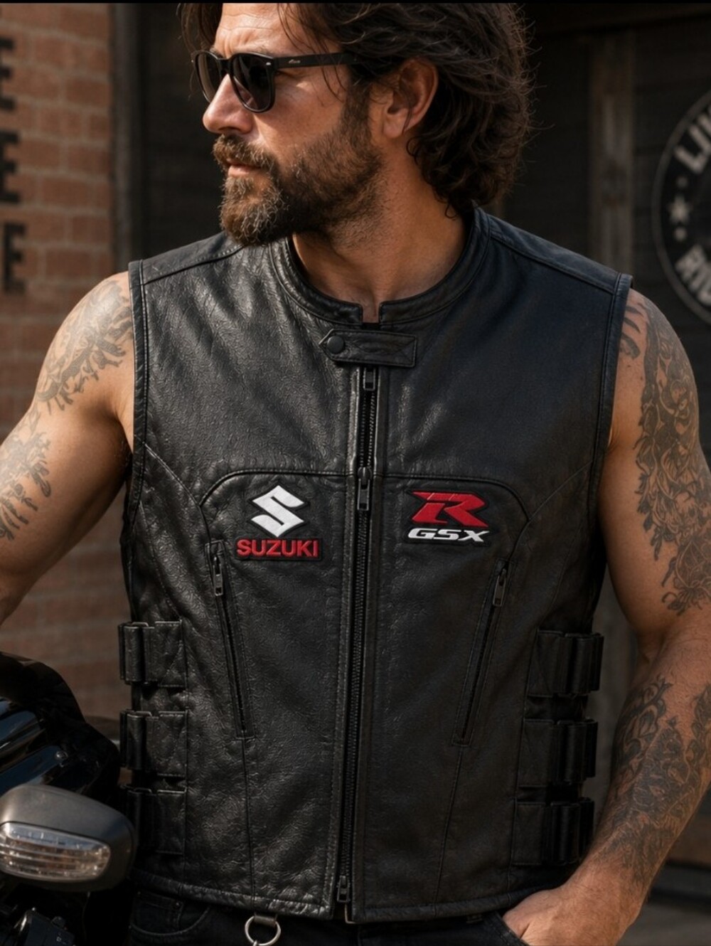 Street & Steel Suzuki GSX-R 1000 Leather Motorcycle Vest Men's Large Black